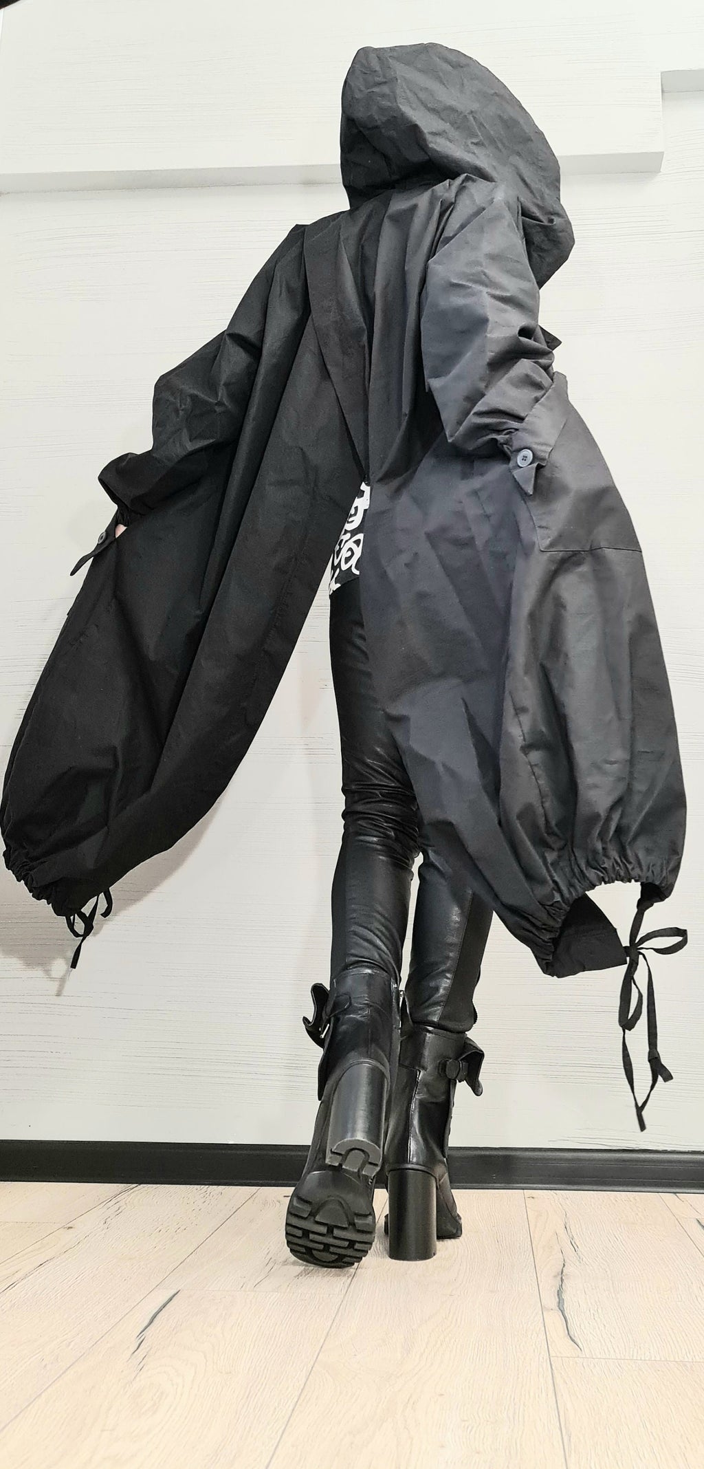 Black Asymmetrical Hooded Trench Coat, Oversized Jacket, Overlapping Open Back,  Drawstring Hem