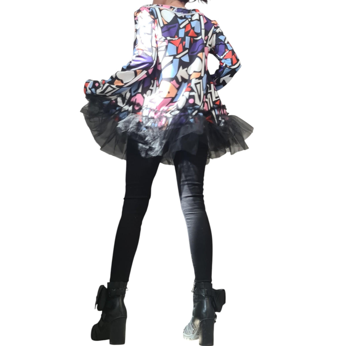 Avant Garde Tunic Blouse, Printed Tulle Top, Extravagant Design, Long Sleeve