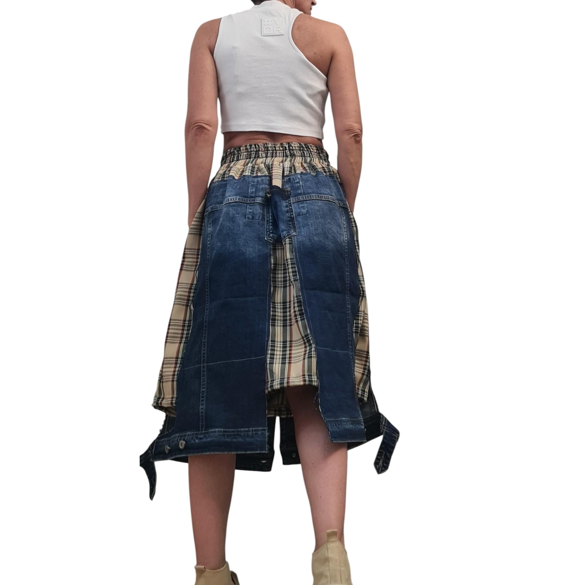Avant Garde Denim and Plaid Midi Skirt with Cargo Style Pockets, Artistic Designer Streetwear, Handmade Custom Made Statement Fashion