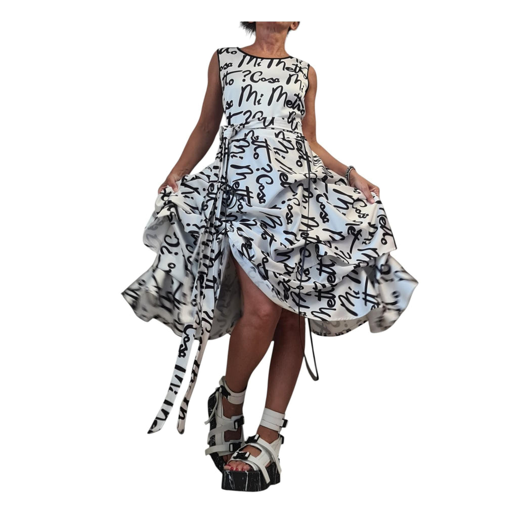 White Cotton Satin Midi Dress, Adjustable Hem, Black Print Party Wedding Guest Dress