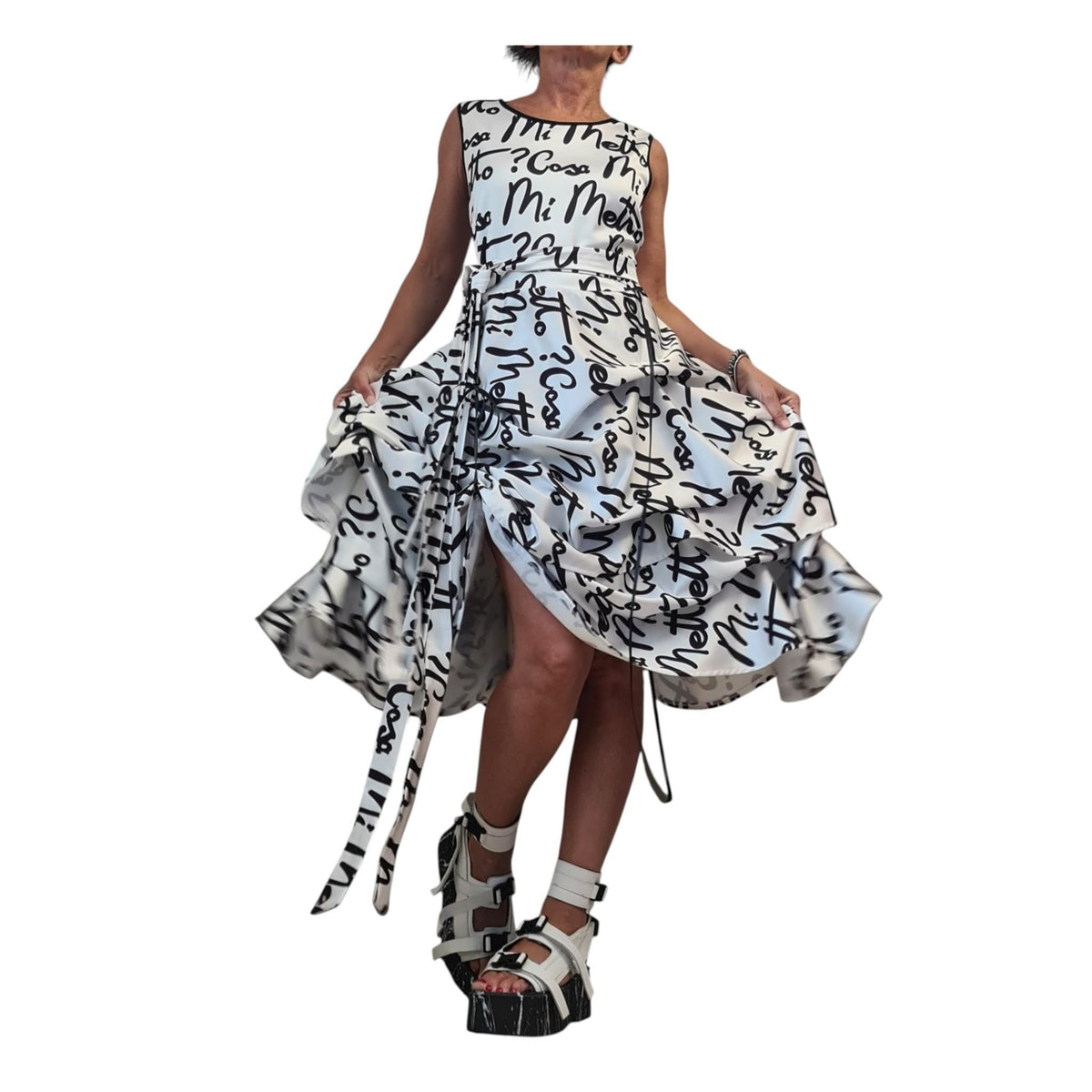 White Cotton Satin Midi Dress, Adjustable Hem, Black Print Party Wedding Guest Dress