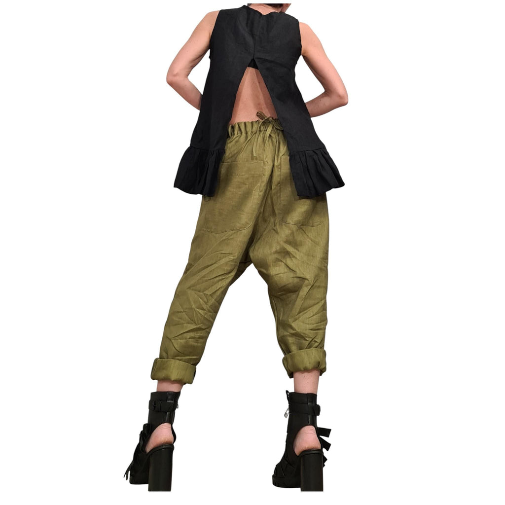 Military Green Linen Harem Pants, Wide Drop Crotch Trousers, Loose Summer Pants
