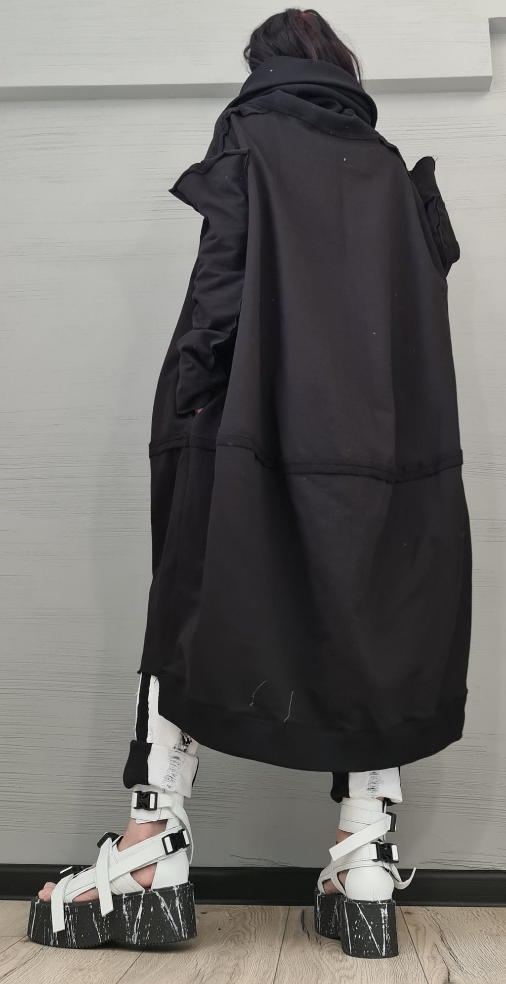 Black Cotton Maxi Sweatshirt, Oversized Jacket with Asymmetrical Zip, High Collar, Plus Size