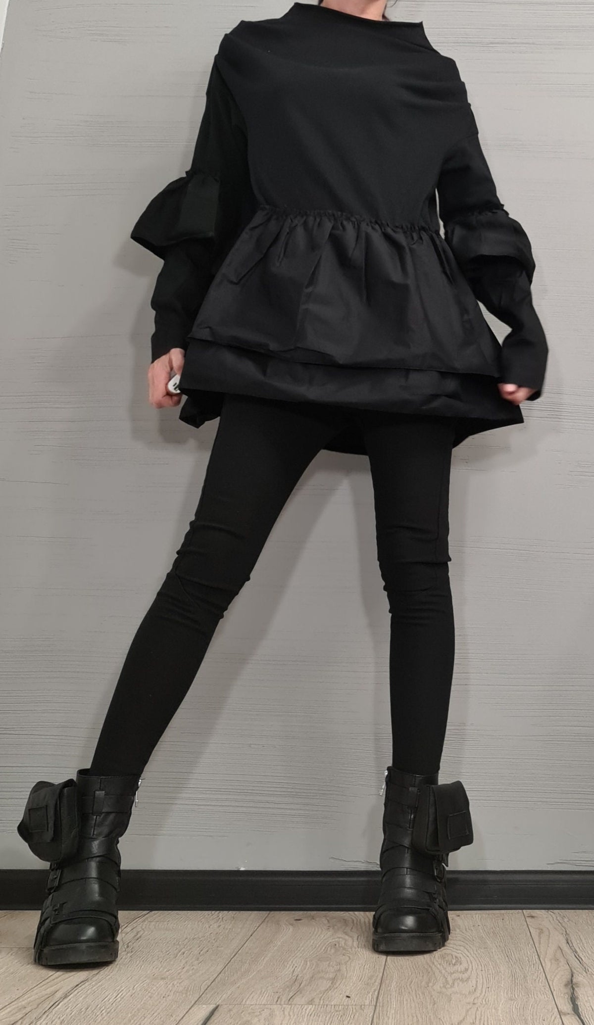 Black Oversize Cotton Blouse | Asymmetric Sleeves with Shirting Ruffles | fashion for women | architectural