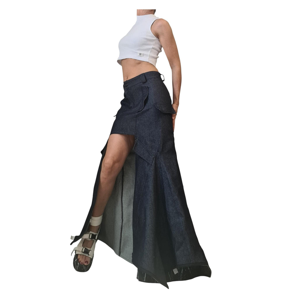Extravagant Asymmetric Denim Skirt, Wrap A-Line Maxi Skirt