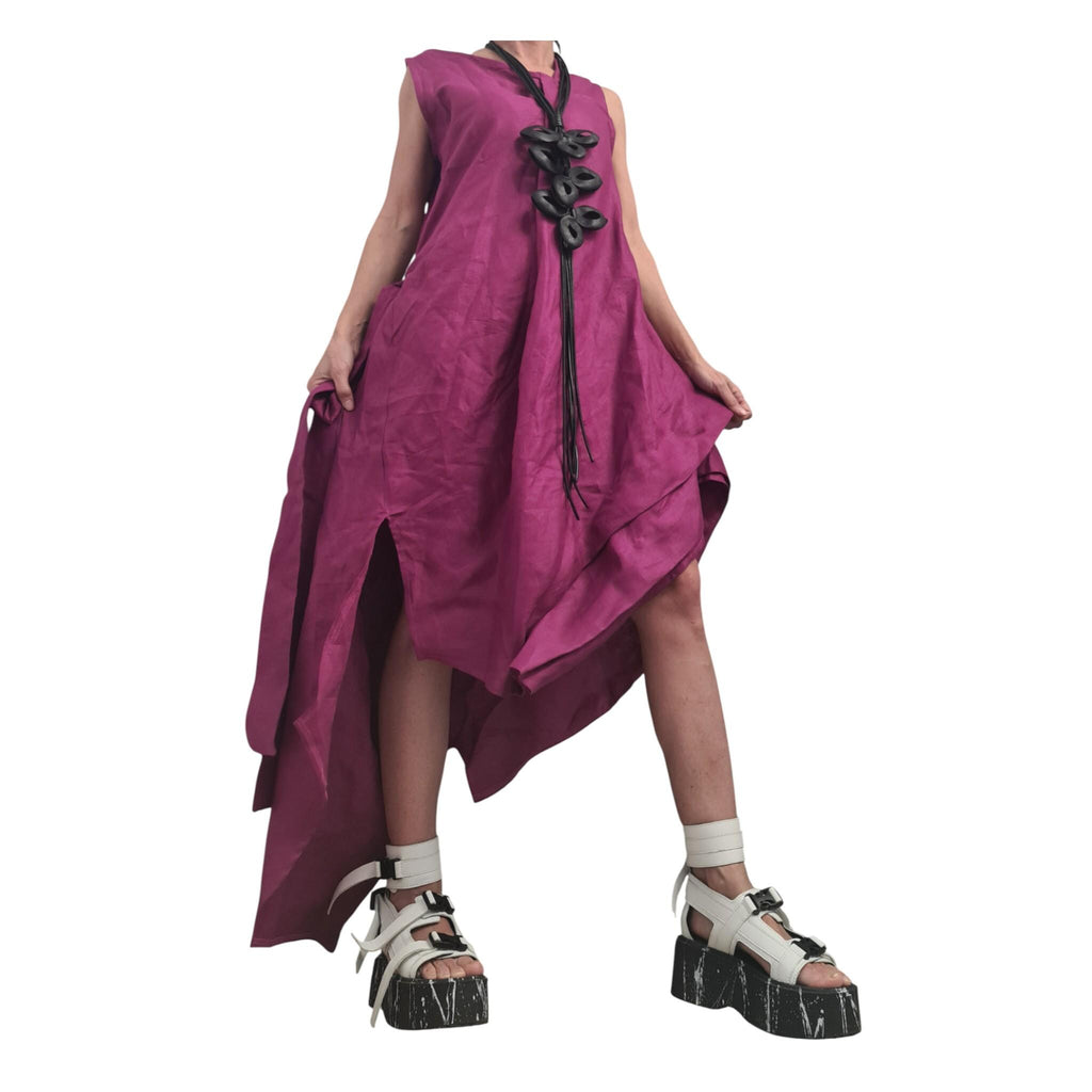 Plum Purple Linen Maxi Dress, Asymmetric Oversized Sleeveless Tunic, Avant Garde Dress for Women