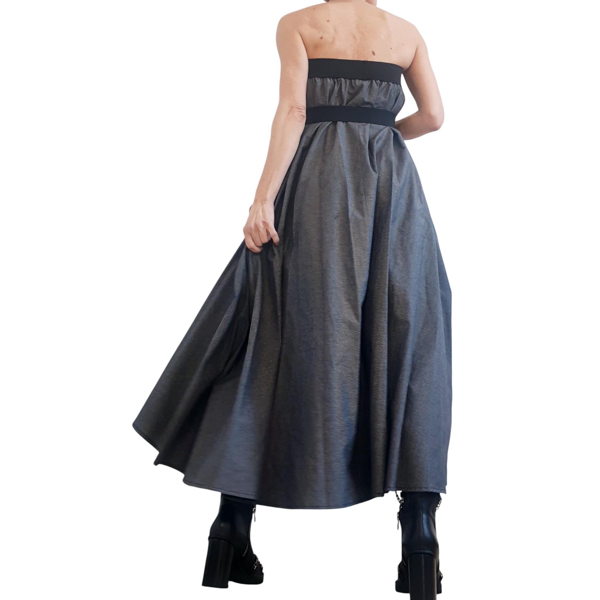 Dark Grey Cotton Sateen Maxi Skirt Dress, Adjustable Drawstrings, Layered Tulle, Convertible Design