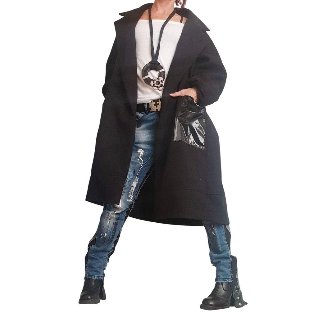 Black Oversized Wool Blend Robe Coat, Long Jacket, Patent Leather Back Cargo Pockets