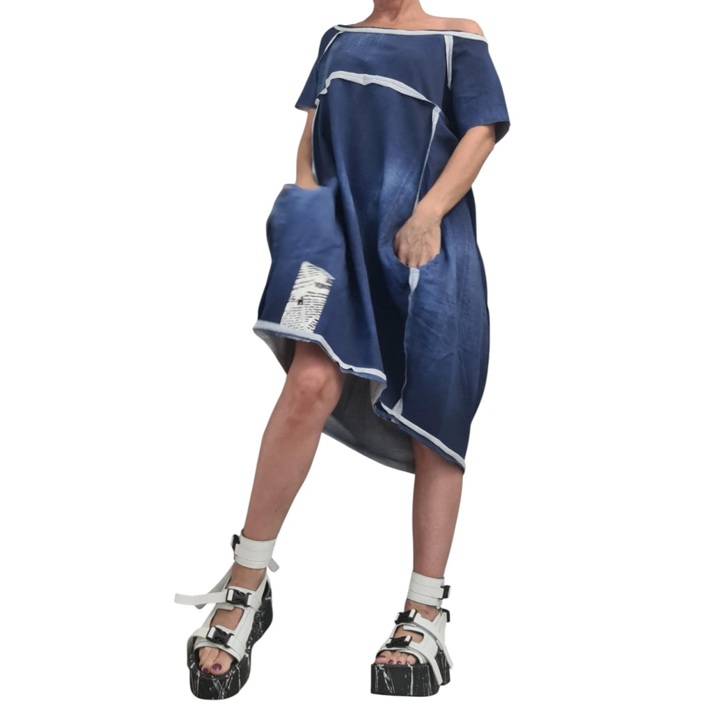 Asymmetric Cotton Tunic, Printed Denim Effect, Avant Garde Plus Size Dress for Women