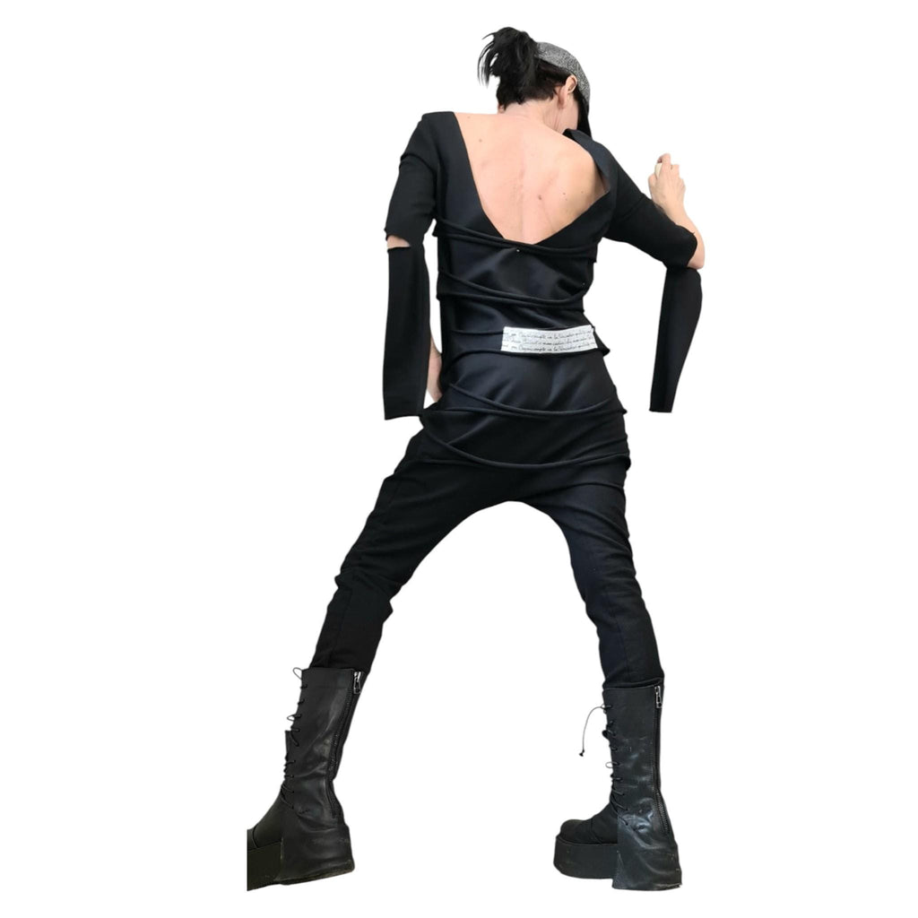 Black Cotton Drop Crotch Jumpsuit, Extravagant Open Back, Slim Fit Gothic Style