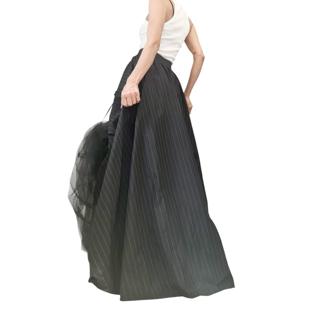 Transformable Pinstripe Gown, Runway Statement Piece, Avant Garde Artwear for Women