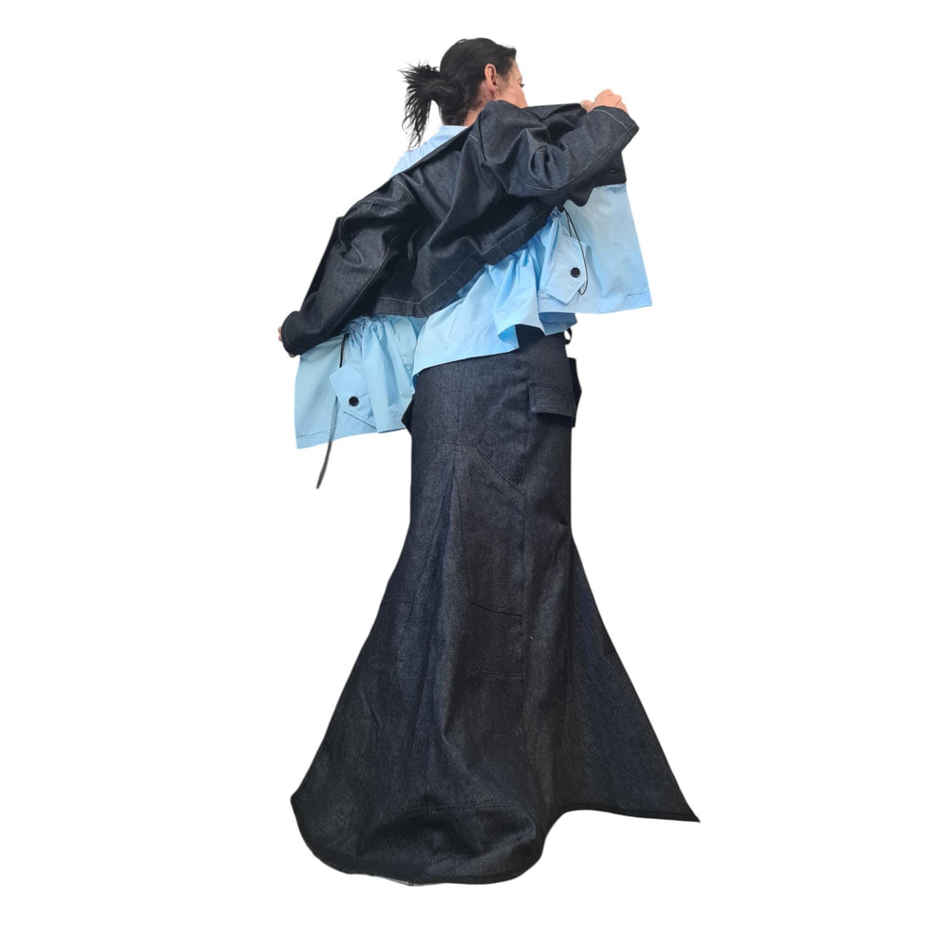 Denim Costume for Women, Avant Garde Denim Blazer, Asymmetric Long Short Skirt