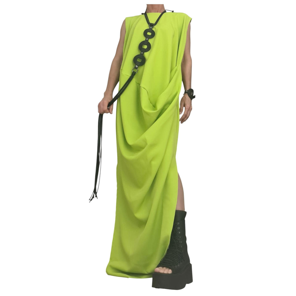 Lime Green Asymmetric Maxi Dress, Avant Garde Loose Drape Style