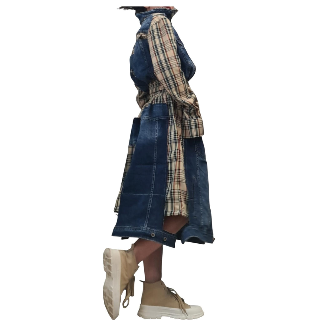 Cotton Denim Plaid Sweatshirt Skirt Set, Extravagant Women Costume