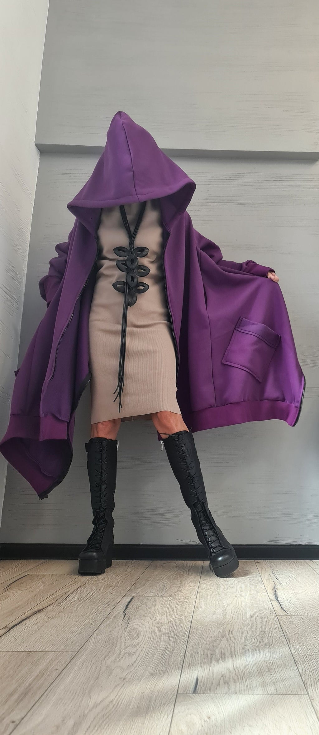 Purple Asymmetric Hooded Sweatshirt, Oversized Cotton Jacket, Longline Zip Up Hoodie