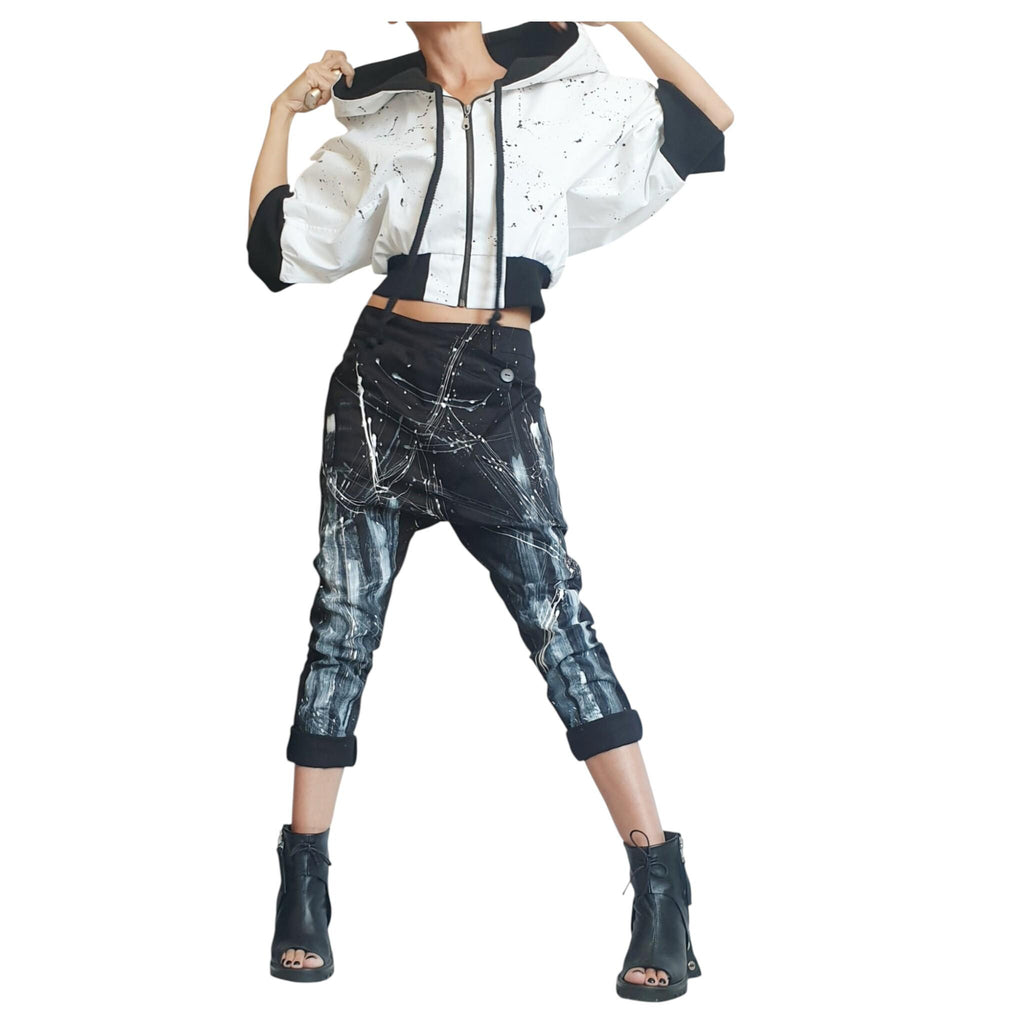 White Black Bomber Jacket Oversized Hooded Denim Coat | Urban Plus Size Streetwear for Women
