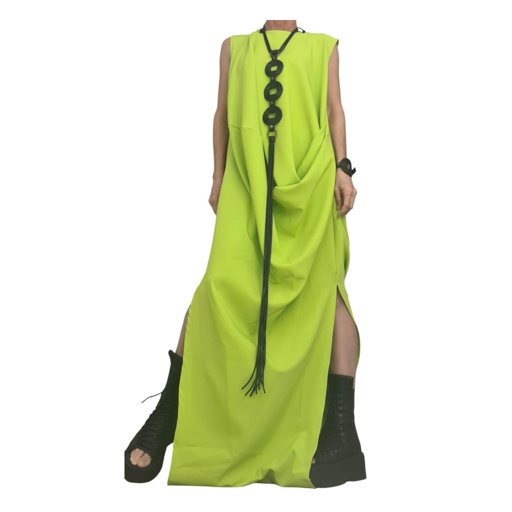 Lime Green Asymmetric Maxi Dress, Avant Garde Loose Drape Style