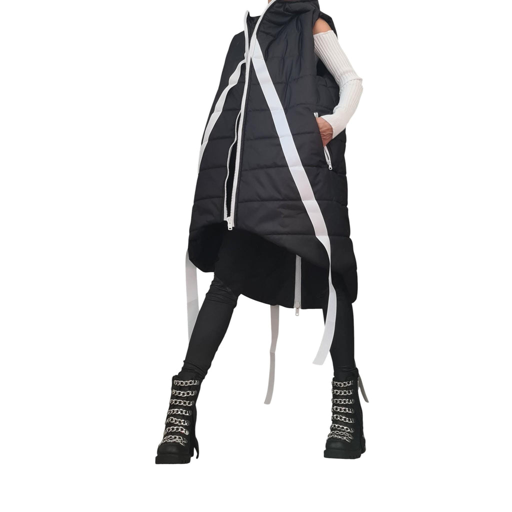 Beige Oversized Hooded Puffer Vest, Asymmetrical Quilted Sleeveless Winter Coat, Black Trim