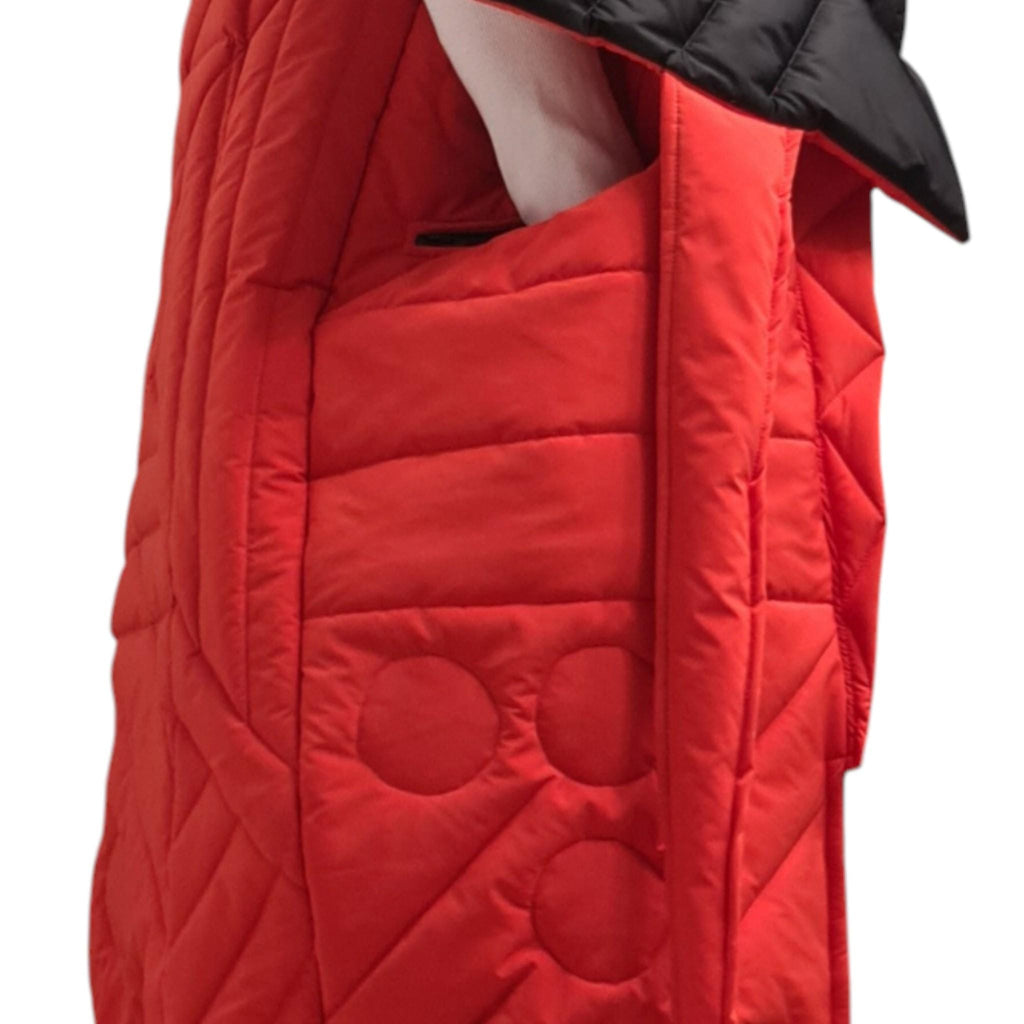 Orange Black Color Block Puffer Vest, Long Sleeveless Jacket, Asymmetric Quilted Gilet