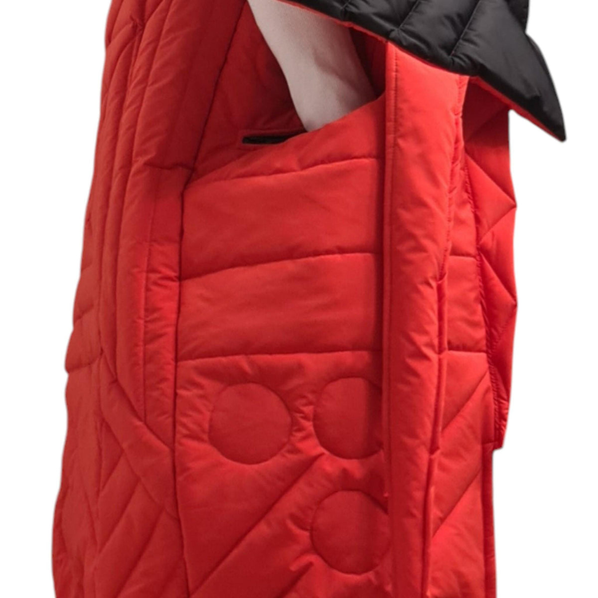 Orange Black Color Block Puffer Vest, Long Sleeveless Jacket, Asymmetric Quilted Gilet