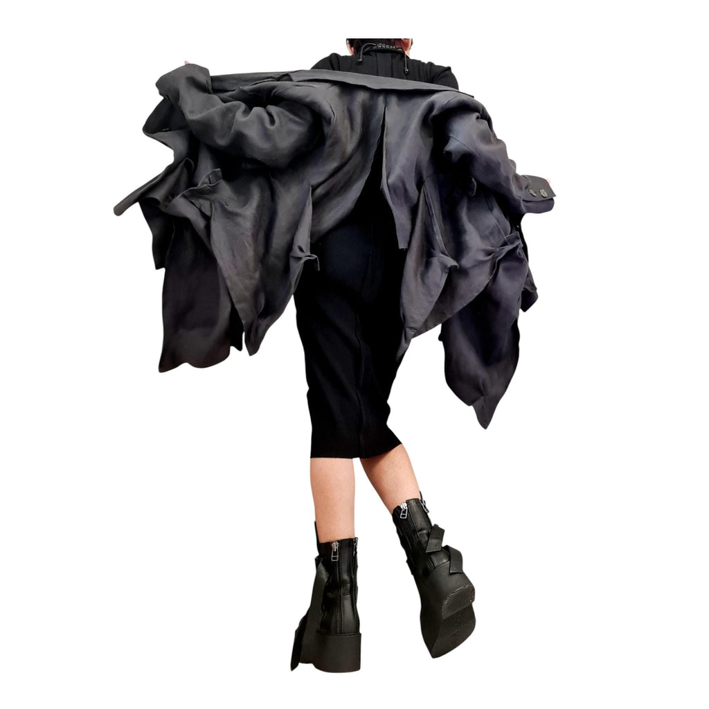 Graphite Linen Asymmetric Blazer | Long Front Open Back Womens Designer Statement Outerwear