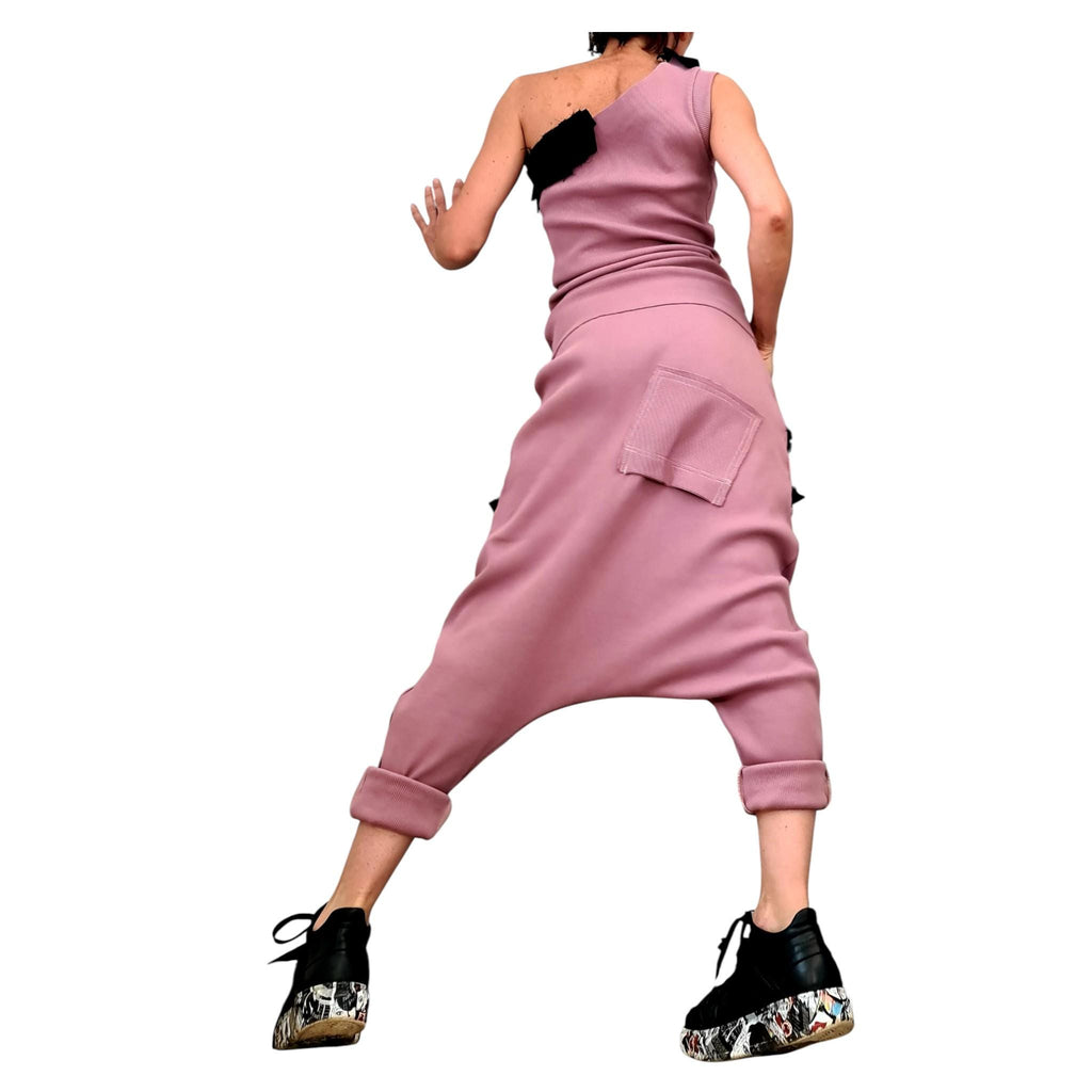 Dusty Rose Cotton Drop Crotch Harem Pants, One-Shoulder Ribbed Top, Black Trim, Co-Ord Set