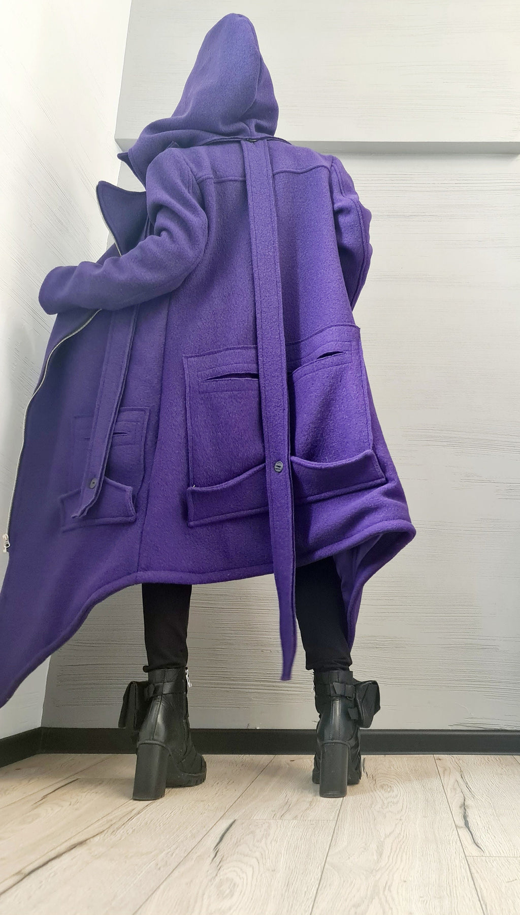 Purple Asymmetric Wool Coat, Long Hooded Jacket with Oversized Patch Pockets, Plus Size