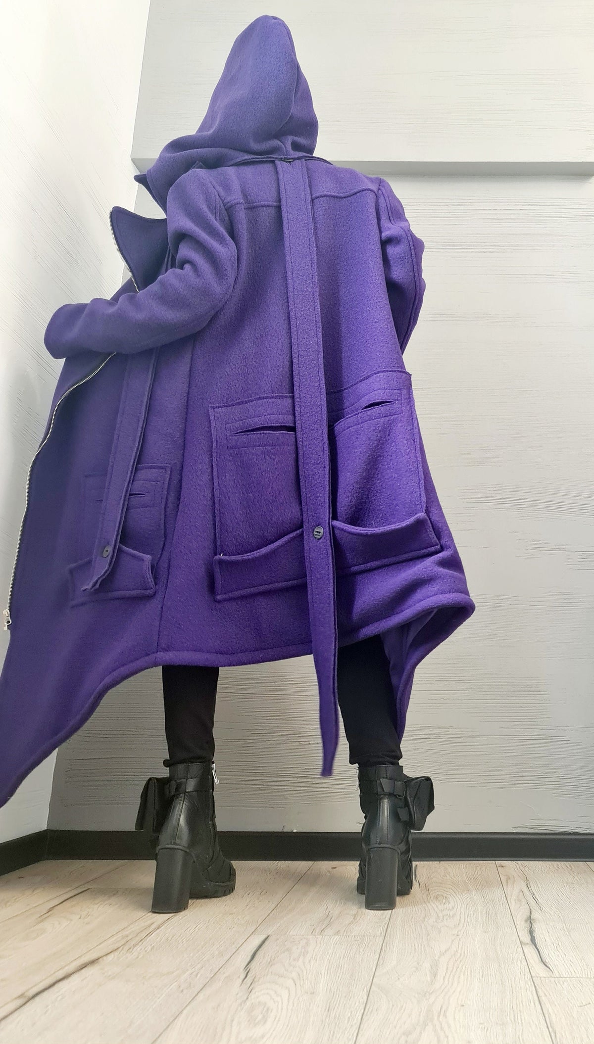 Purple Asymmetric Wool Coat, Long Hooded Jacket with Oversized Patch Pockets, Plus Size