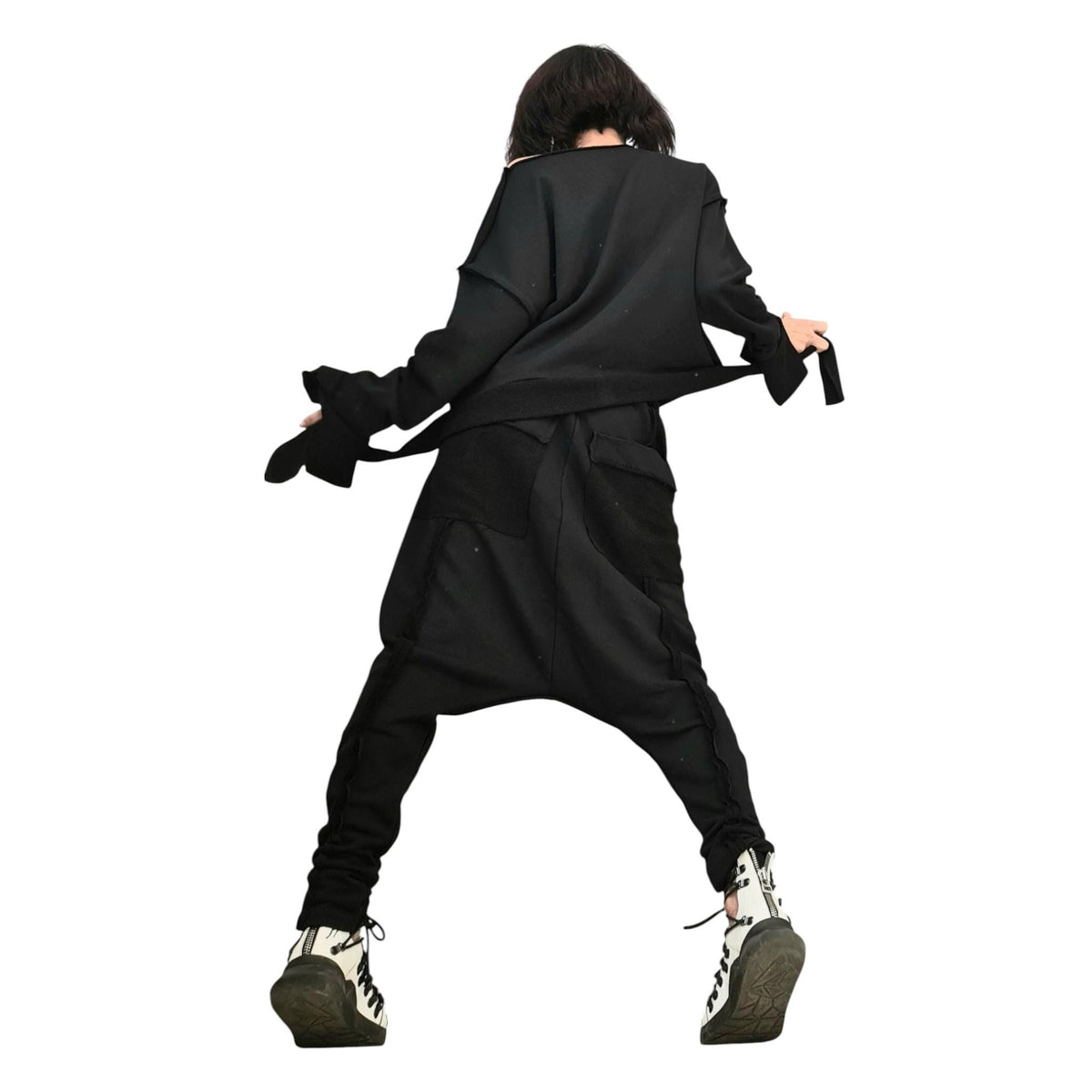 Black Cotton Drop Crotch Pants, Asymmetrical Blouse, Wide Cuffs,  Two-Piece French Terry Co-Ord Set