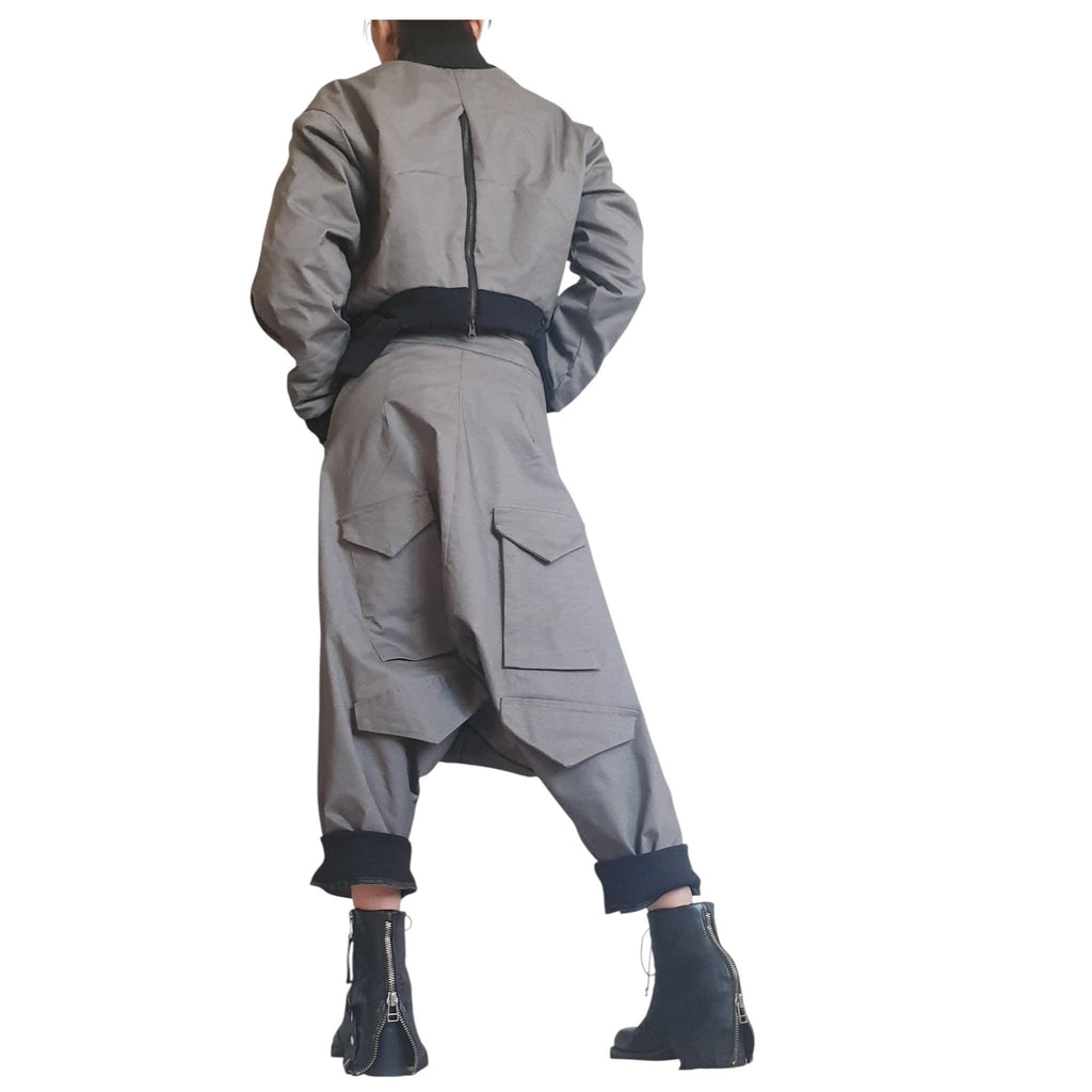 Grey Cropped Winter Bomber Jacket, Off Shoulder Neckline, Back Zip Opening