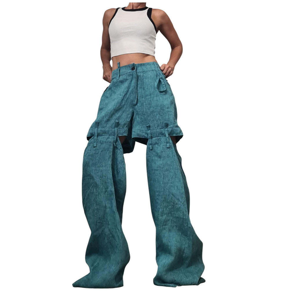 Turquoise Linen Pants for Women, Boho Drop Crotch Trousers, Layered Summer Bottoms