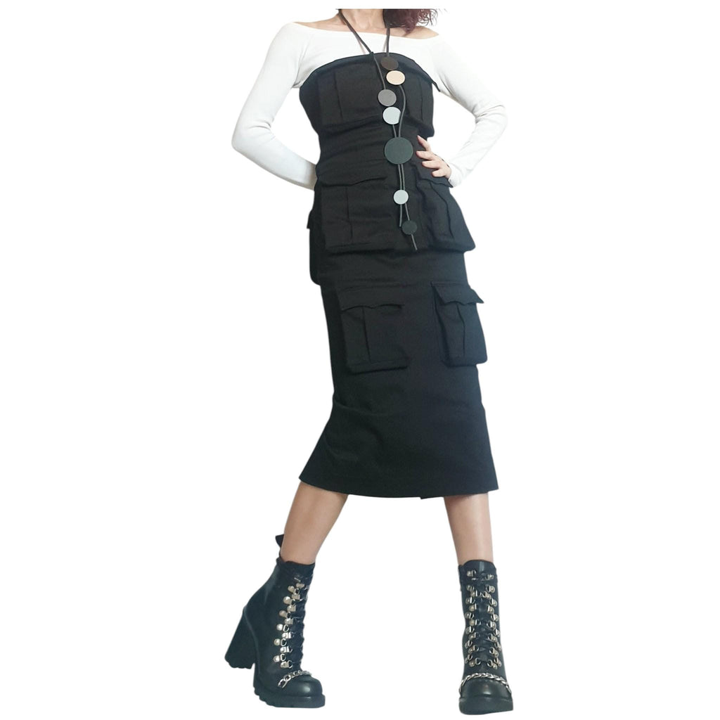 Black Denim Pocket Dress, Gothic Asymmetric Cocktail Fit, Extravagant Design