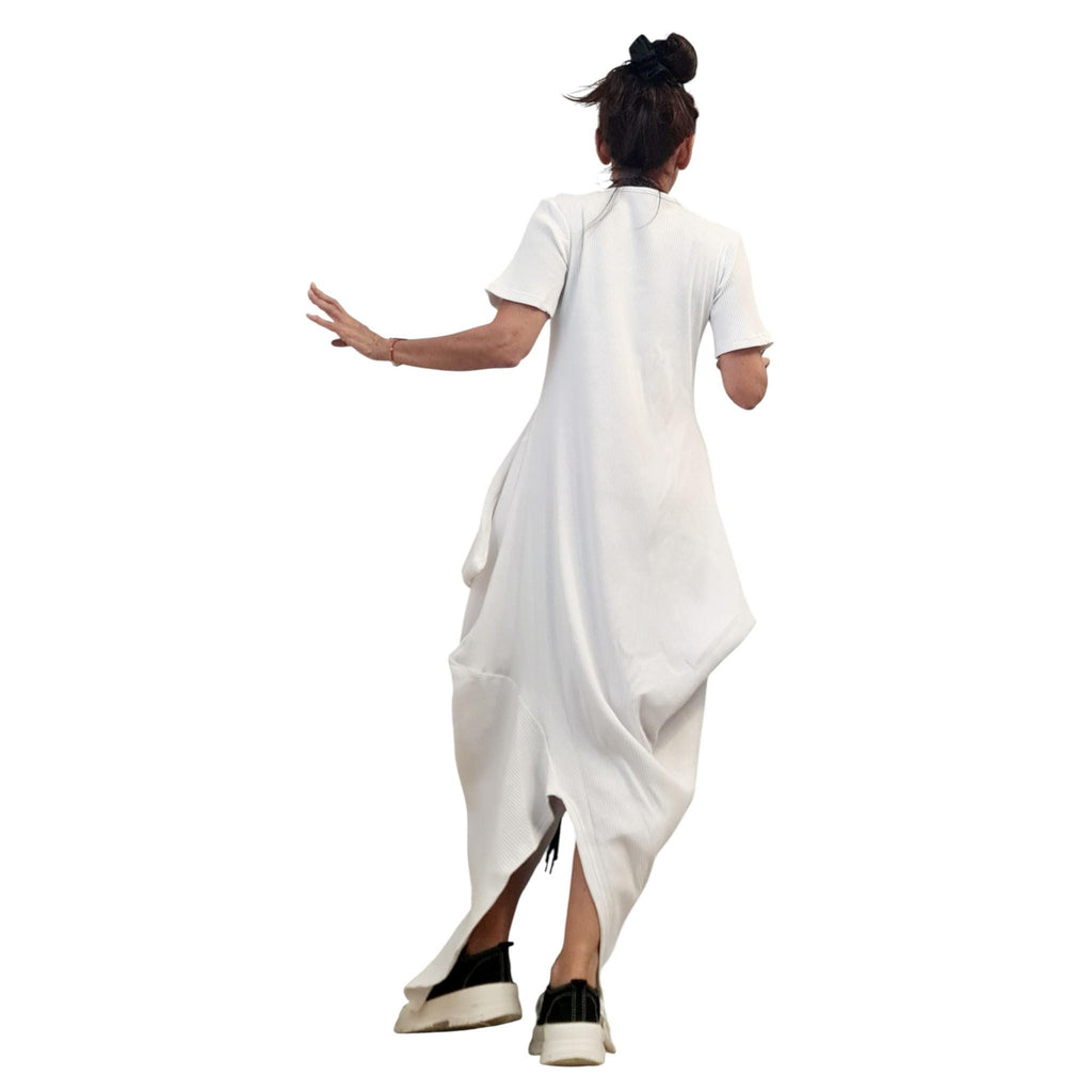 White Asymmetric Cotton Rib Maxi Dress, Avant Garde Loose Dress, Plus Size Clothing