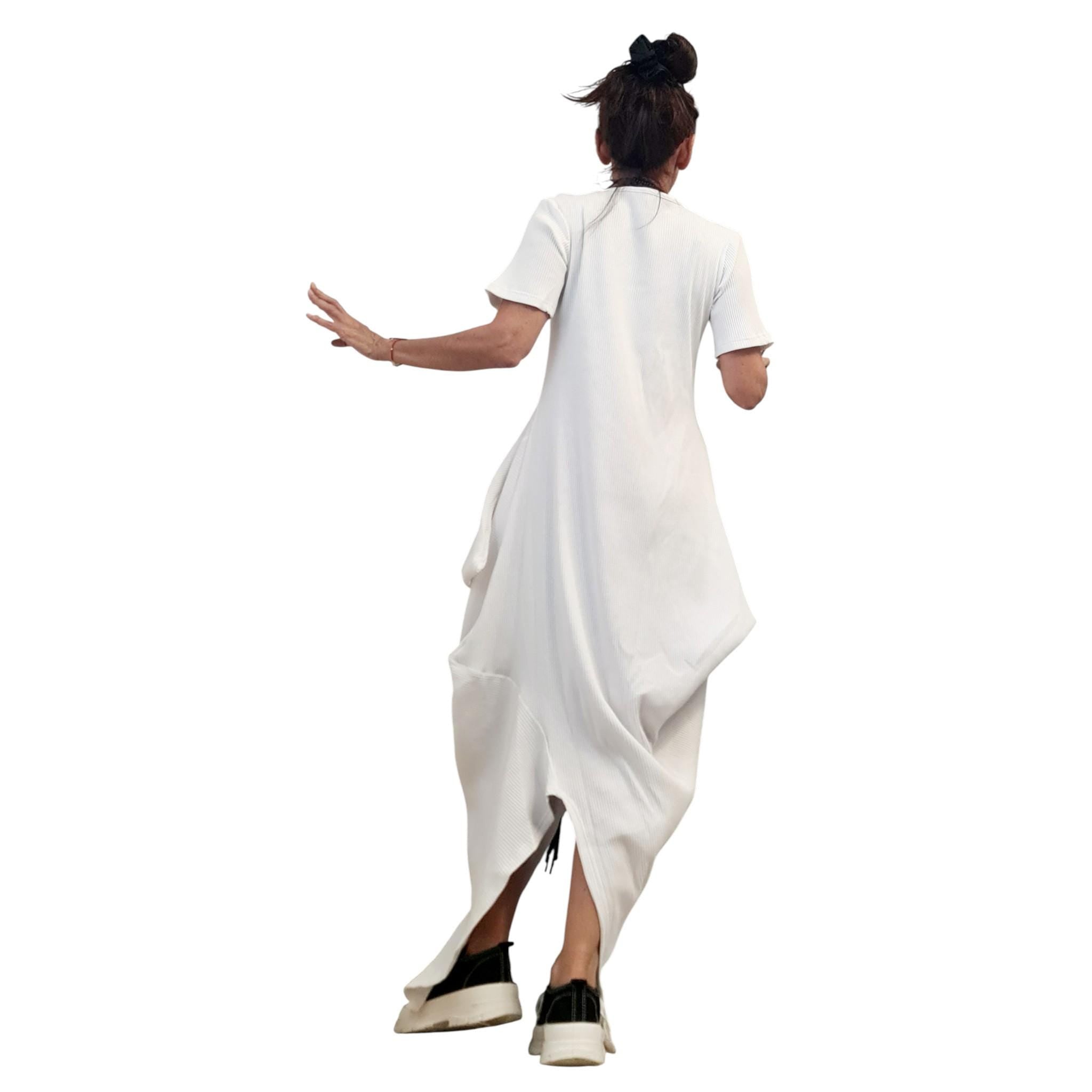 White Asymmetric Cotton Rib Maxi Dress, Avant Garde Loose Dress, Plus Size Clothing