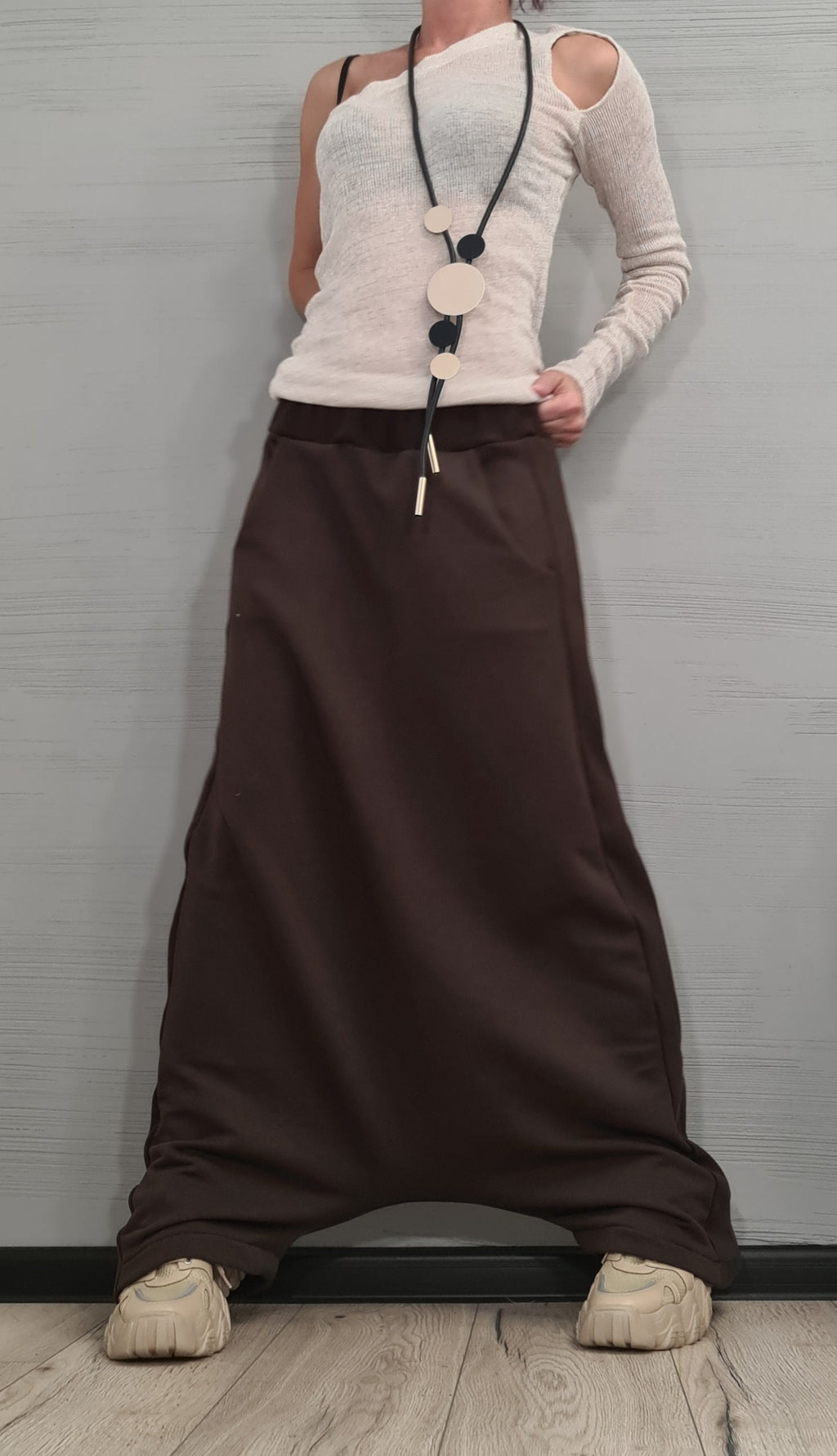 Brown Harem Skirt Pants, French Terry, Wide Leg Trousers