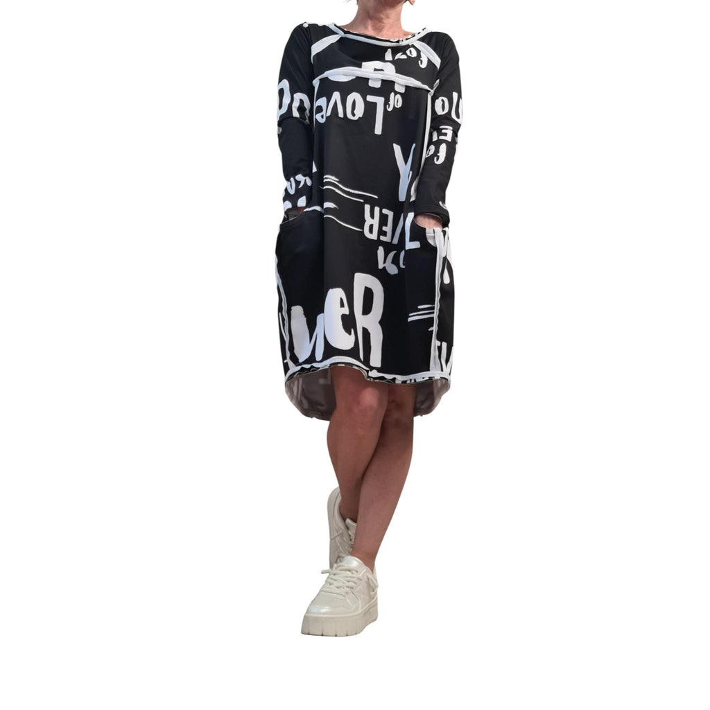 Asymmetric Graphic Dress, Long Sleeves, Knee Length Balloon Shape, Black White, Fashion for Women