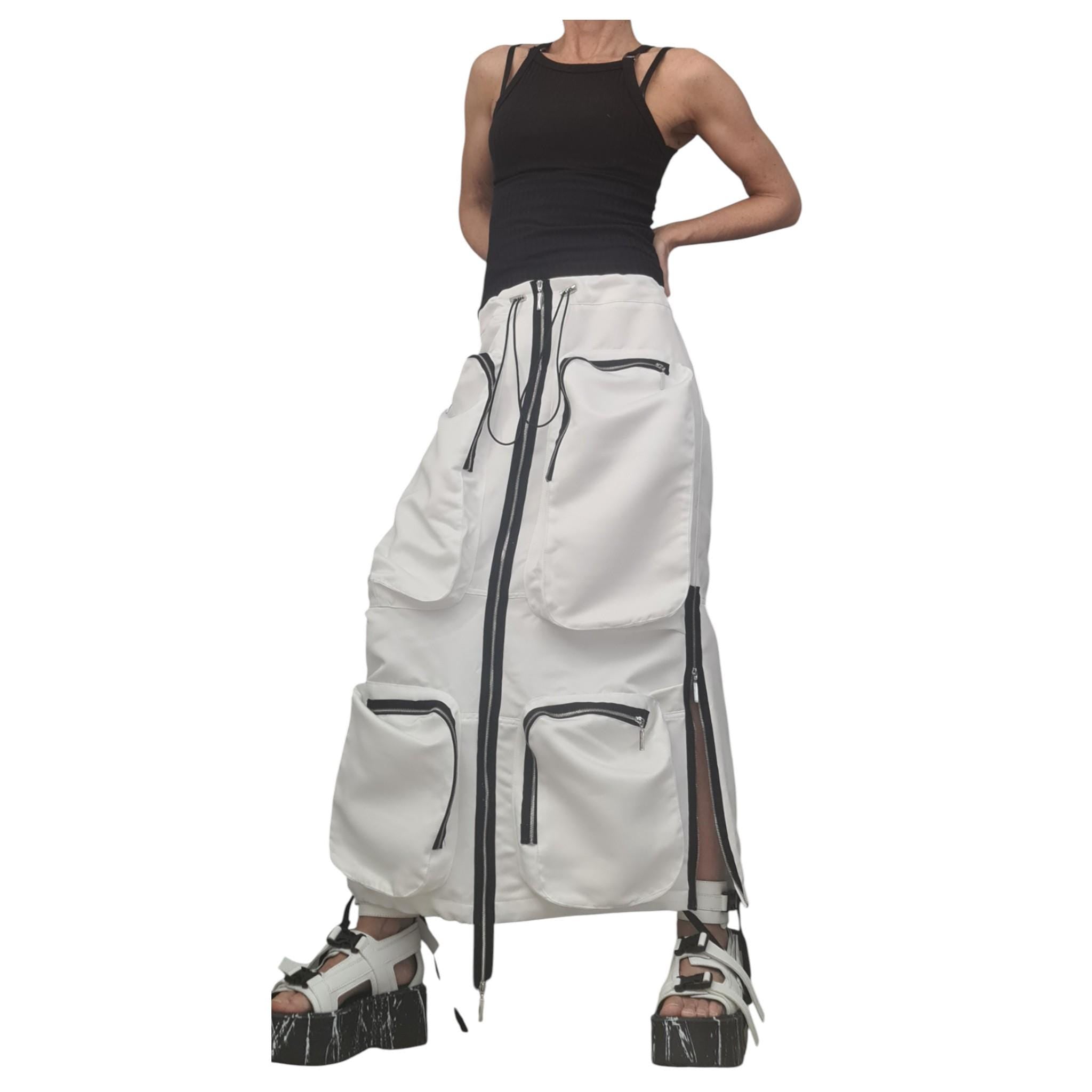 Black Cotton Satin Long Skirt | Deconstructed Cargo Pockets | Gothic Avant Garde Style