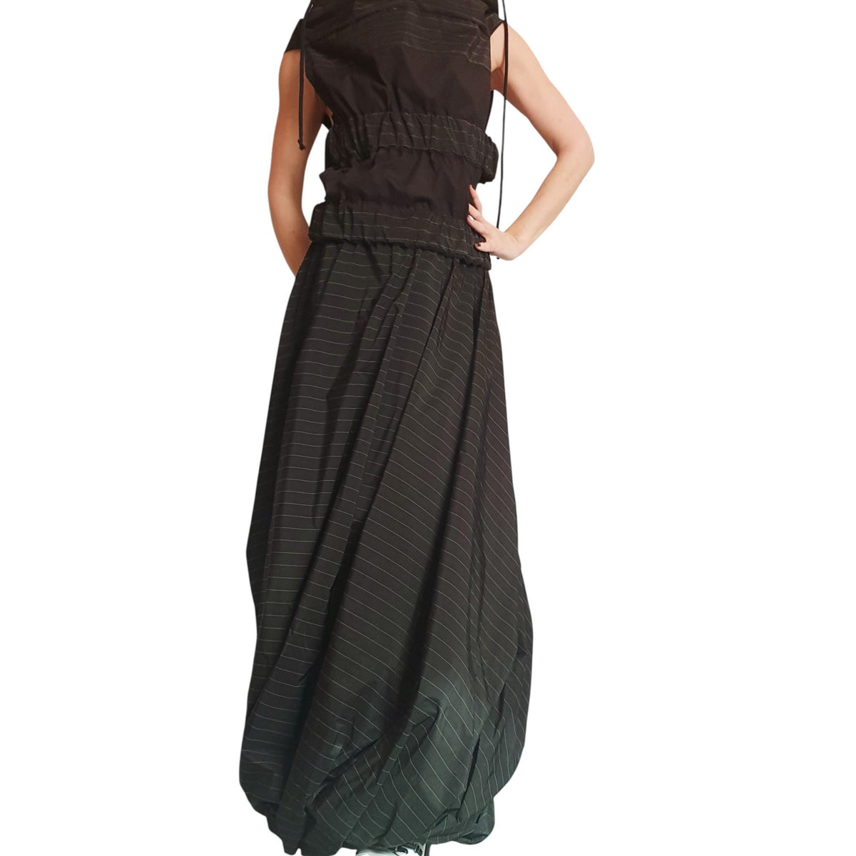 Black Pinstripe Cotton Sateen Co-Ord Set, Asymmetrical Hooded Vest, Maxi Skirt