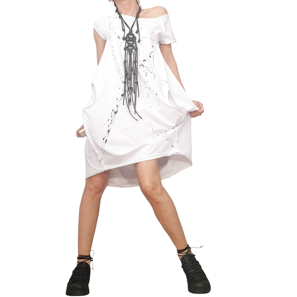 White Cotton Short Sleeve Dress, One Shoulder, Asymmetric Oversized Tunic
