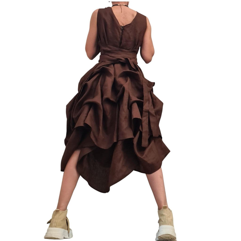 Brown Linen Sleeveless Dress for Women, Asymmetric Midi Shape, Adjustable Summer Linen Outfit