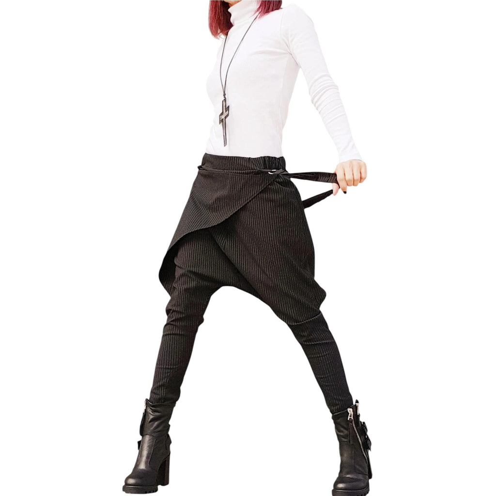 Black Pinstripe Harem Pants, Skirt Overlay, Tapered Leg, Decorative Suspenders