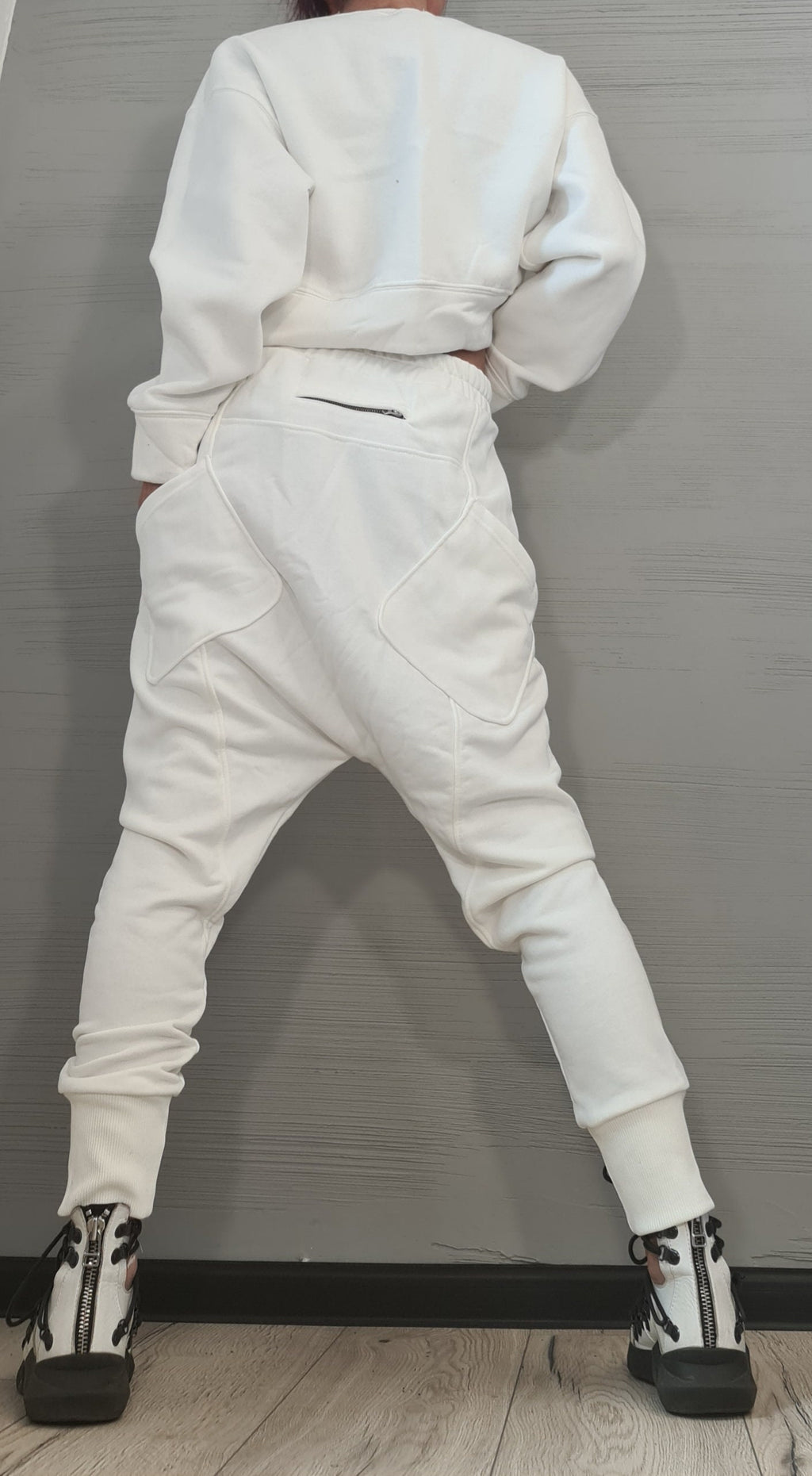 White Cotton Drop Crotch Harem Pants, French Terry Blouse Set