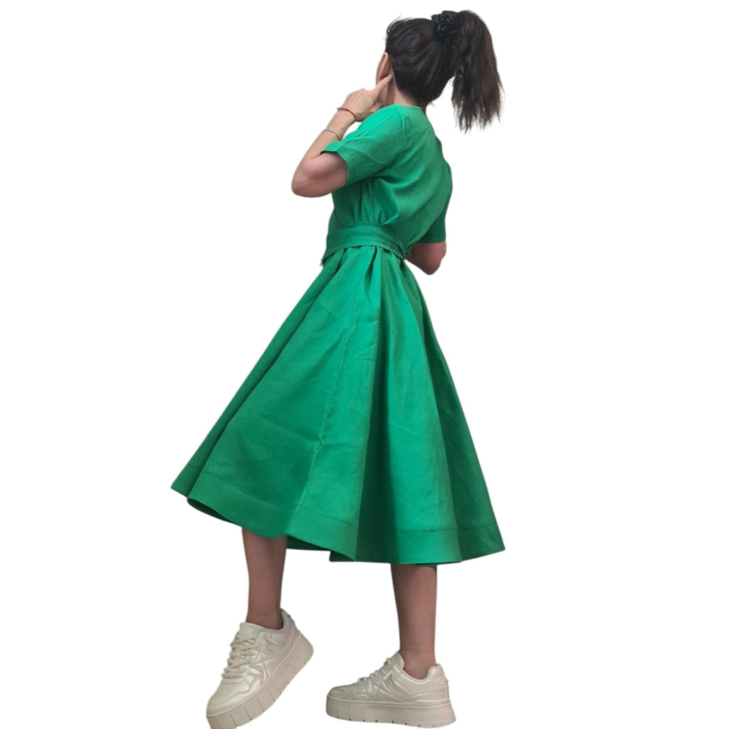 Green Linen Wrap Dress for Women, Knee Length, Short Sleeve Plus Size Summer Clothing