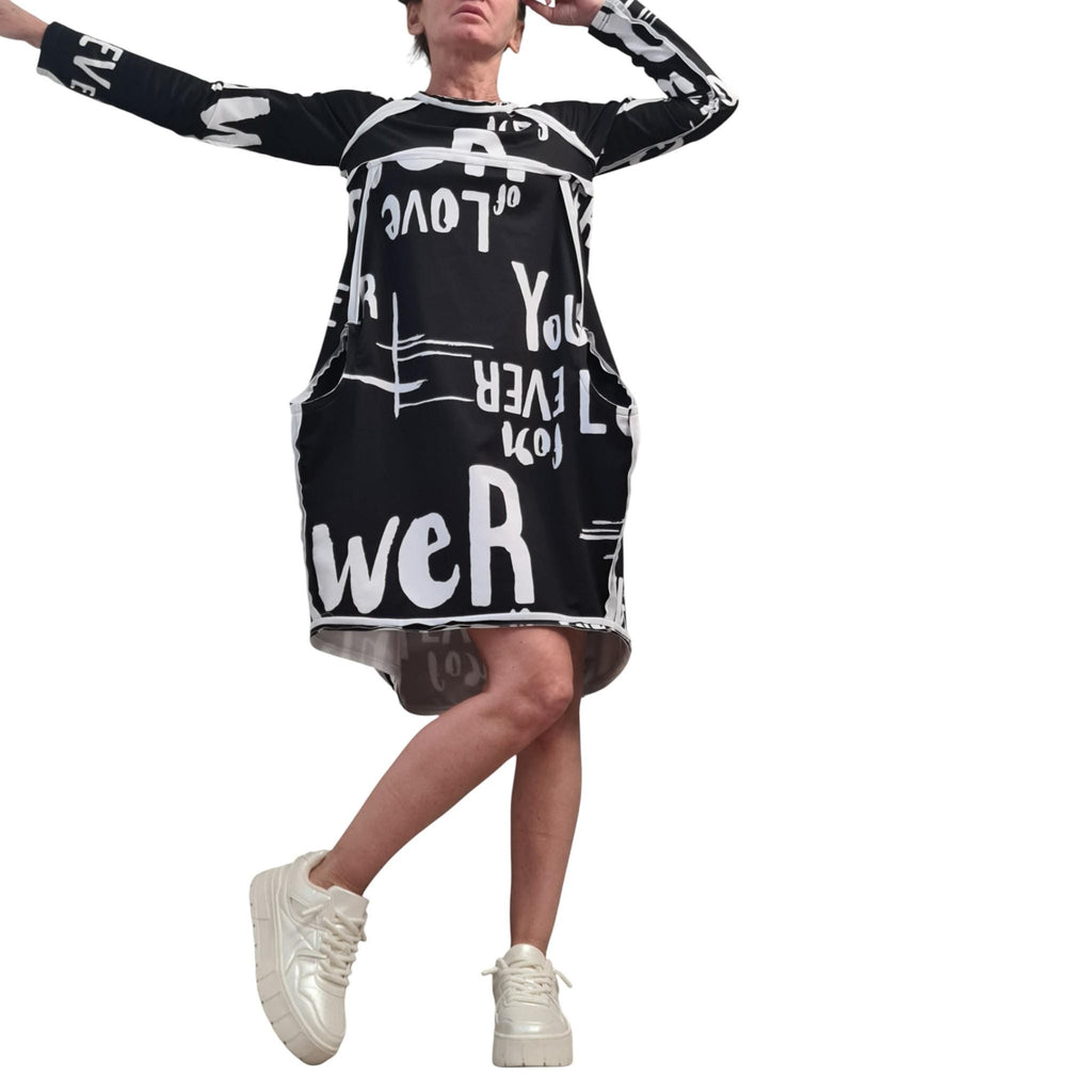 Asymmetric Graphic Dress, Long Sleeves, Knee Length Balloon Shape, Black White, Fashion for Women