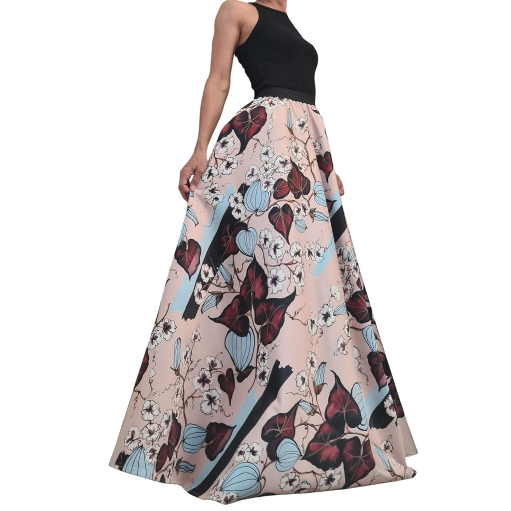 Satin Ball Maxi Skirt, Long Circle Skirt, Floral Print Wedding Guest Dress