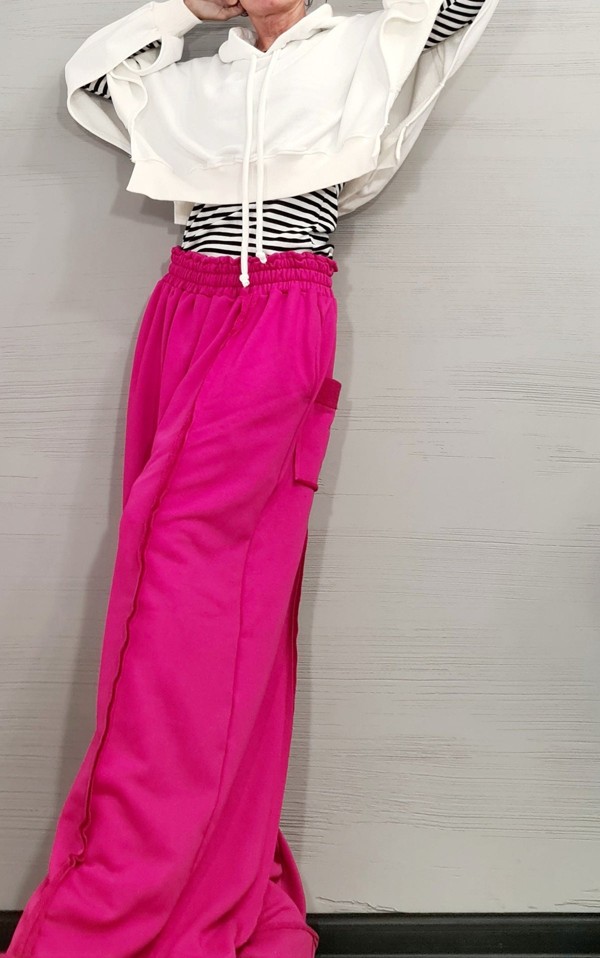 Fuchsia Wide Leg Pants, French Terry Cotton Trousers, Drop Crotch, Plus Size