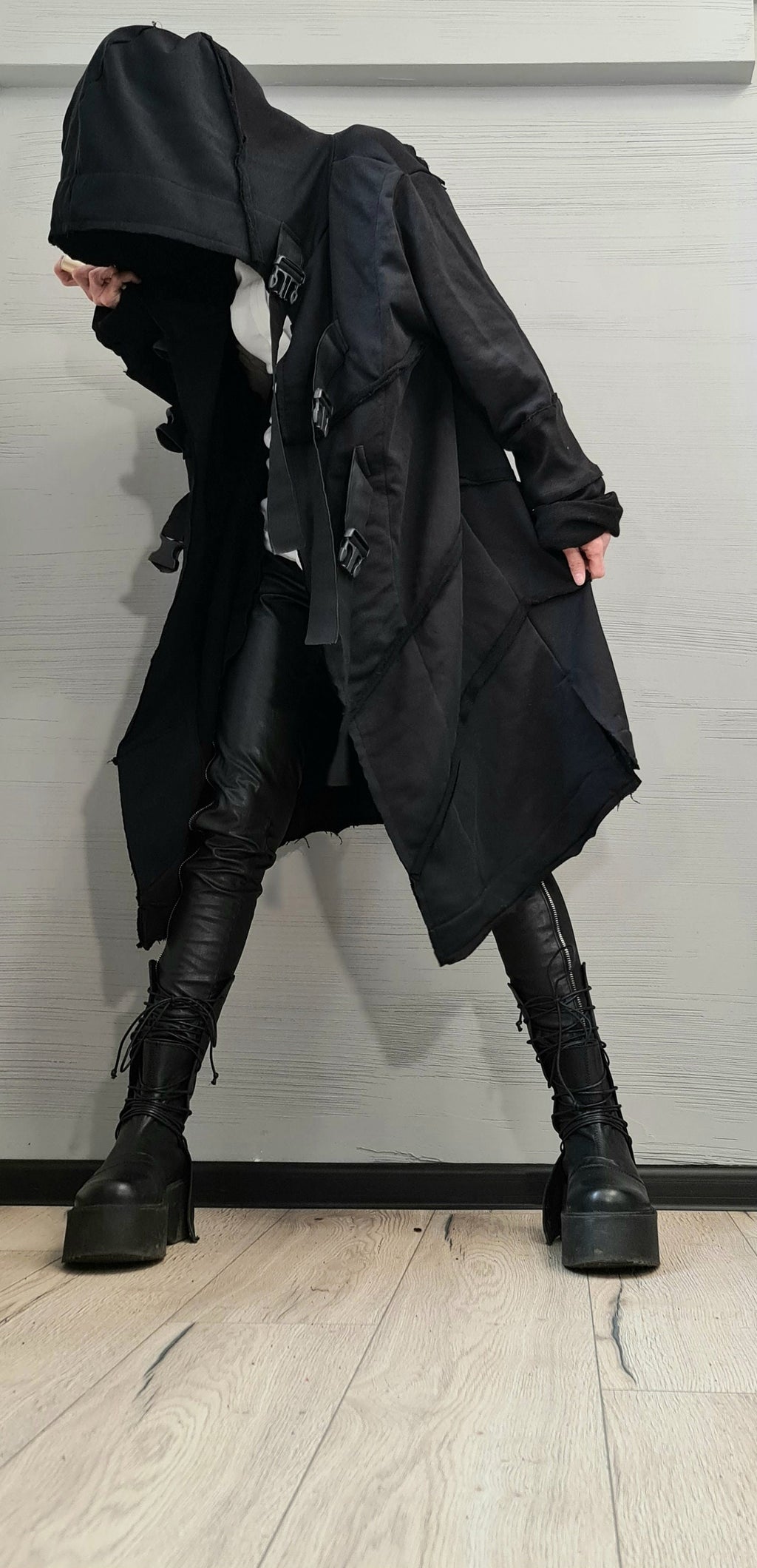 Black Oversized Hooded Vest, Long Asymmetric Sleeveless Coat, Layered Hem, Plus Size