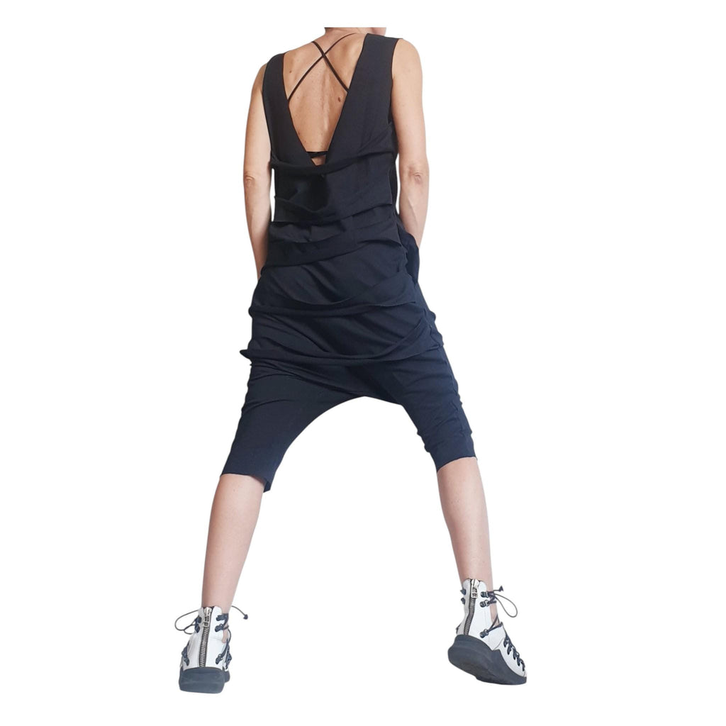 Black Harem Jumpsuit Loose Drop Crotch Women Outfit Asymmetric Oversize Gothic Grunge Clothing