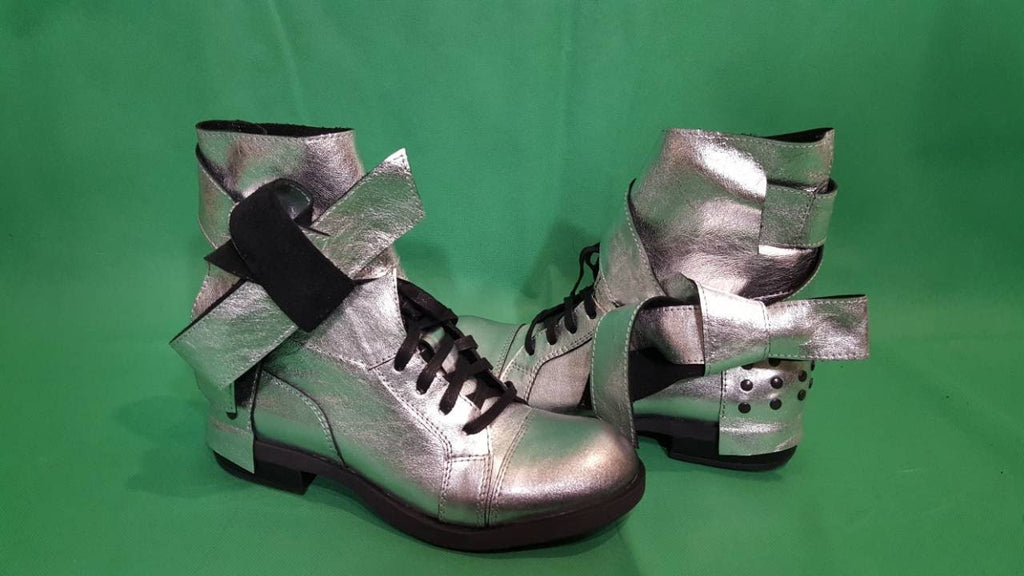 Silver Leather Boots, Grunge Ankle Booties, Steampunk Flat Shoes