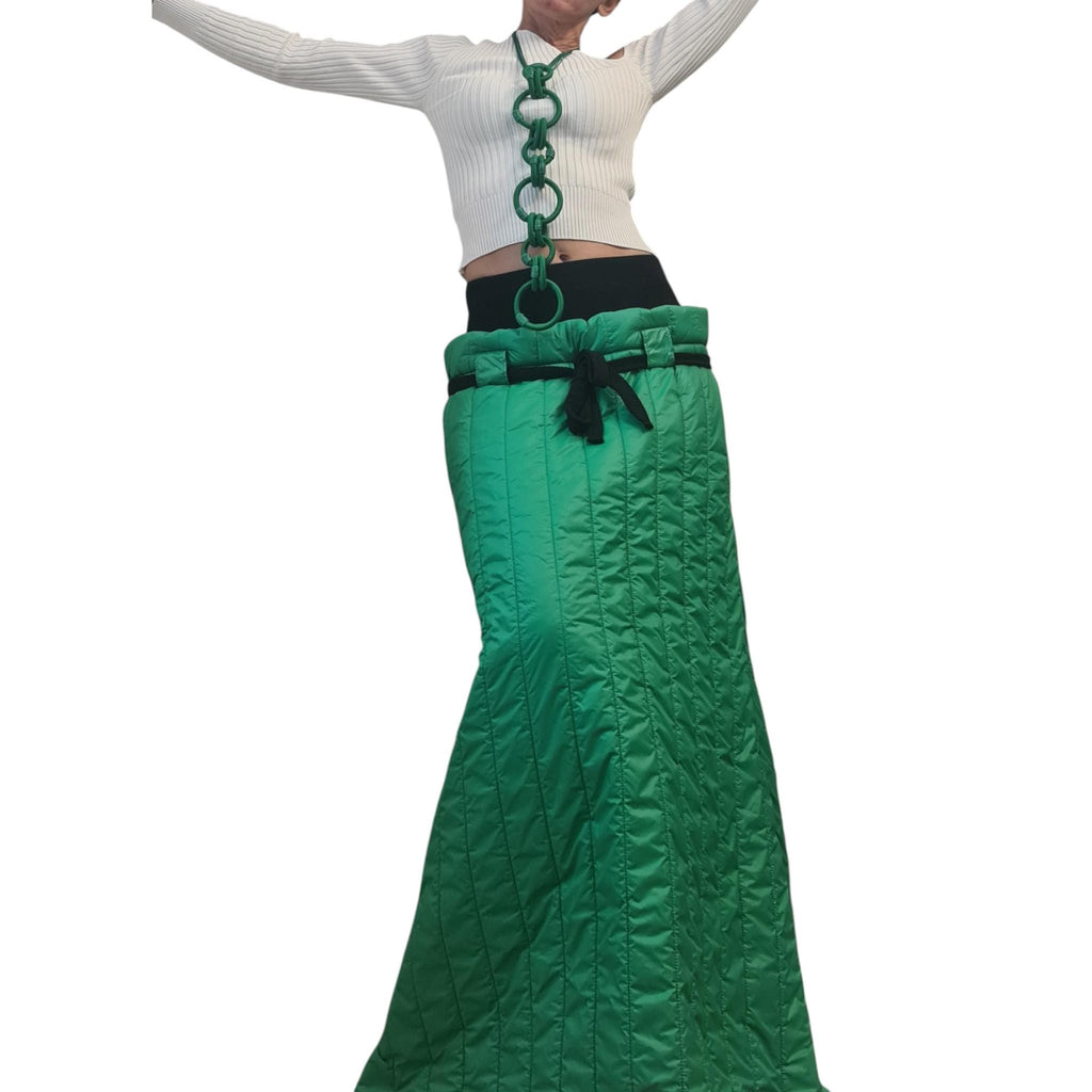 Green Quilted Maxi Skirt | Winter Puffer Design with Side Zippers | Avant-Garde Insulated Piece